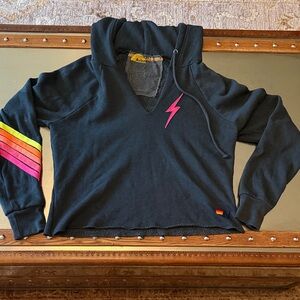 Aviator Nation Bolt Stitch Chevron 5 Black Hoodie with Pink Bolt and Stripes XS